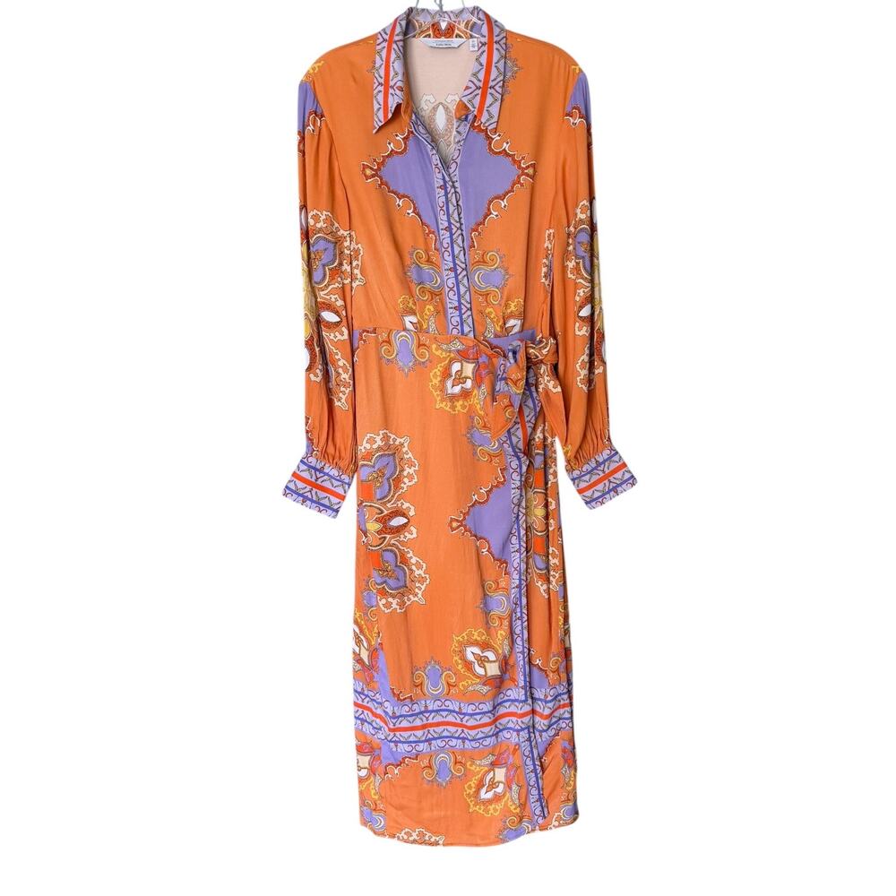 & Other Stories Faux Wrap Midi Shirt Dress Women’s 4 Boho Orange Anthropologie